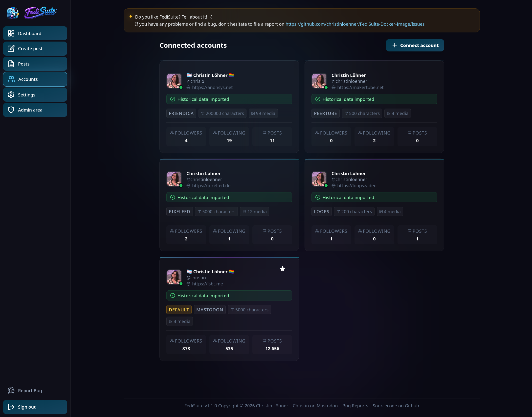 FediSuite Connected Accounts — overview of Friendica, PeerTube, Pixelfed, Loops, and Mastodon accounts