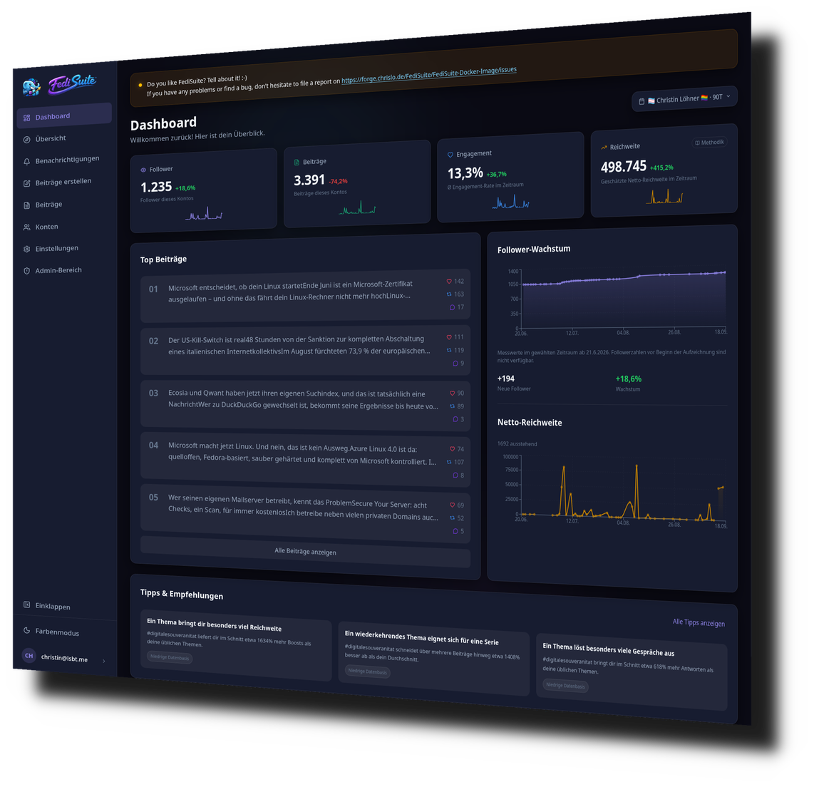FediSuite Dashboard showing follower, post, and engagement metrics, top posts, and follower growth and reach charts