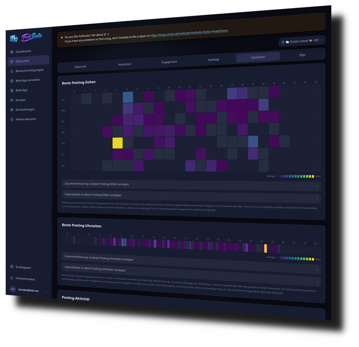 FediSuite Optimize view with heatmaps of the best posting times by weekday and hour, plus posting activity