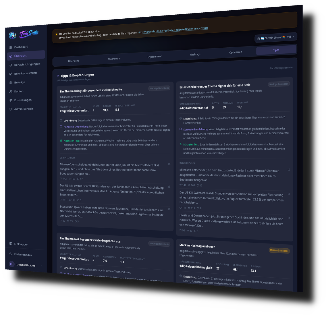 FediSuite Tips & Recommendations with data-driven suggestions, context, concrete advice, and example posts