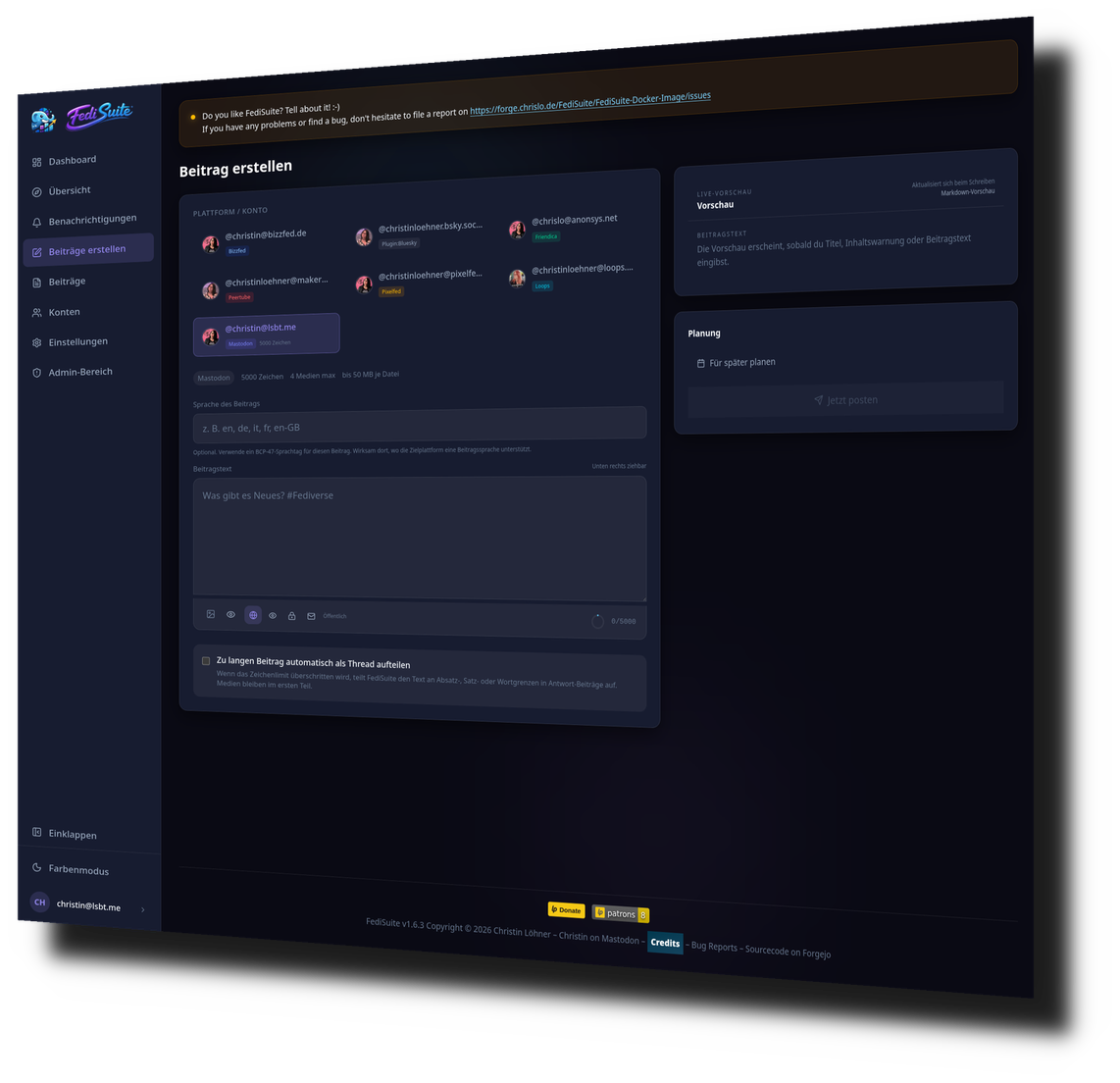 FediSuite Create Post view with multi-account selection across platforms, language field, post text, live preview, and scheduling option