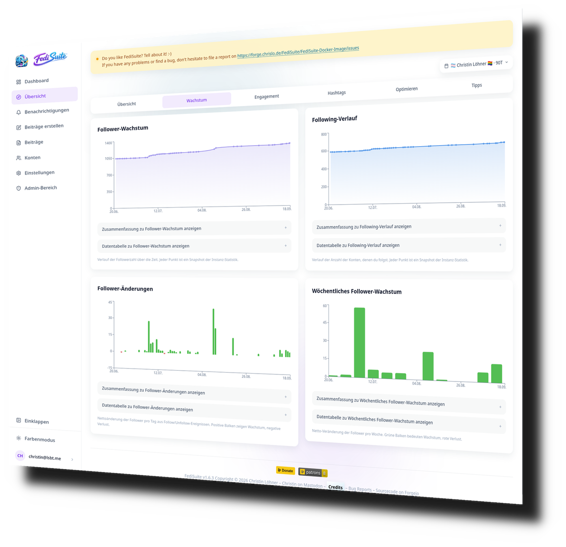FediSuite Growth analytics in light mode with follower growth, following trend, and follower changes