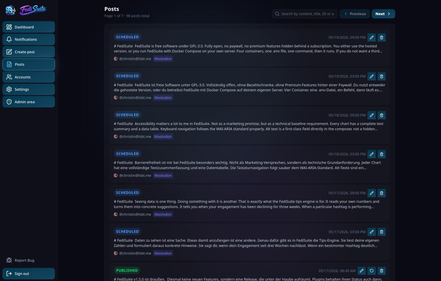 FediSuite Posts — list of scheduled and published posts with content preview, dates, and edit controls