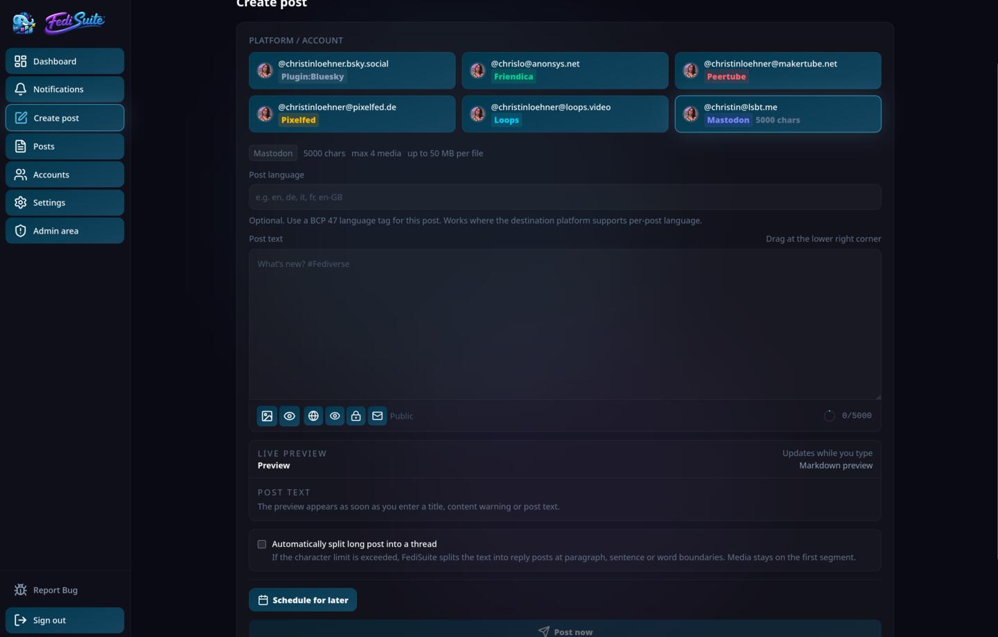 FediSuite Create Post composer with multi-account selector, post language field, live preview, thread split option, and schedule button