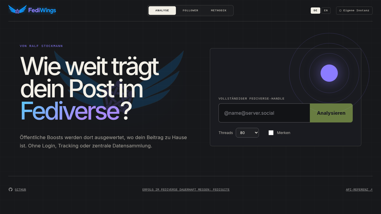 FediWings: input field for a Fediverse handle with an Analyse button, footer linking to FediSuite